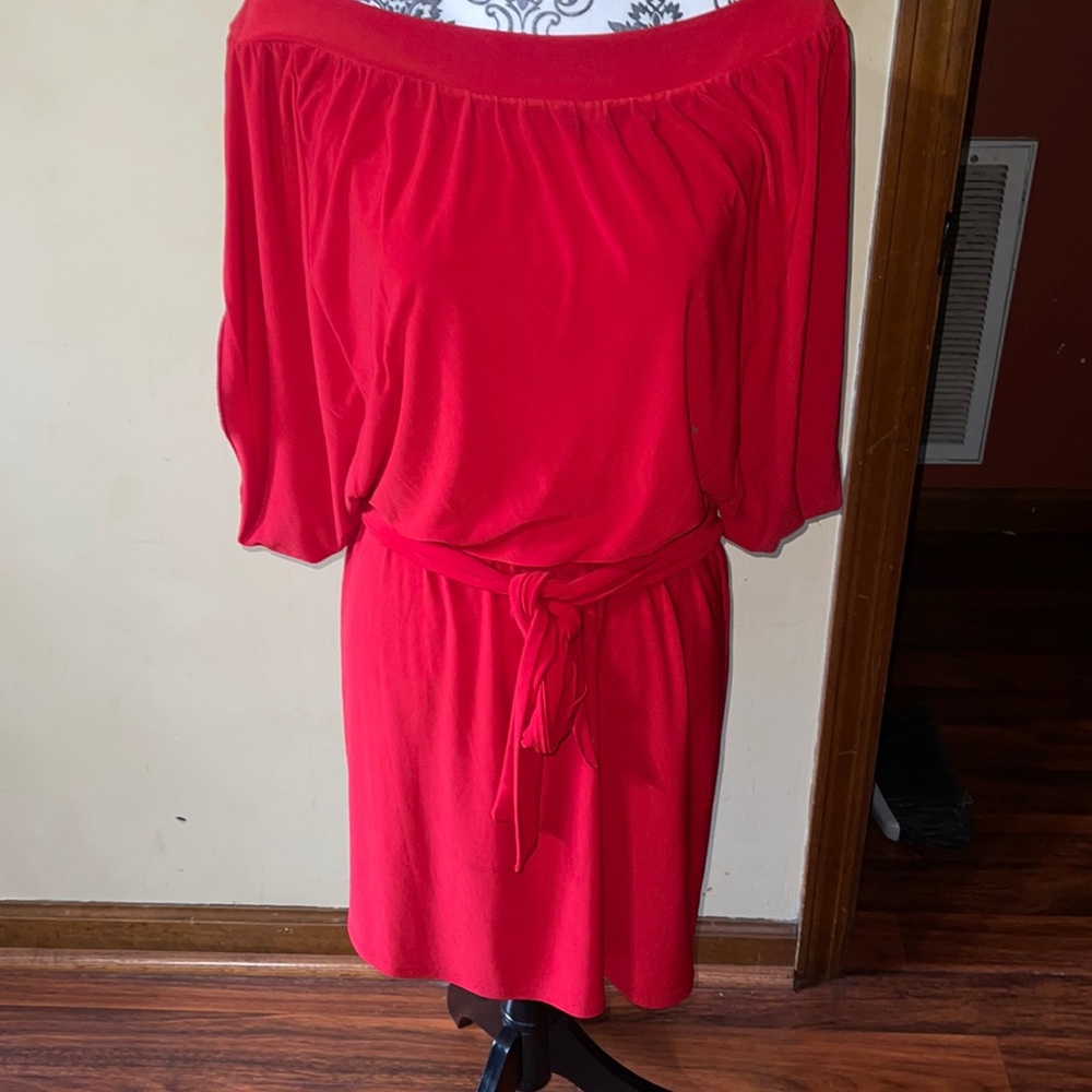 Women red belted dress